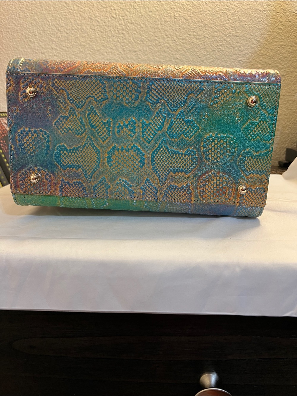 Brahmin Teal Multi Iridescent Python-Embossed Satchel with Matching Card Wallet - Picture 7 of 10